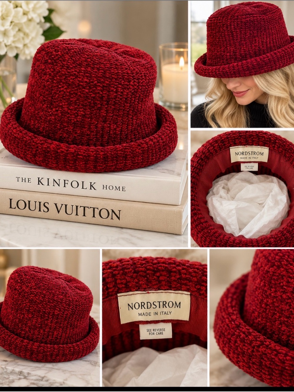 Nordstrom Women's Deep Red Textured Knit Bucket Hat